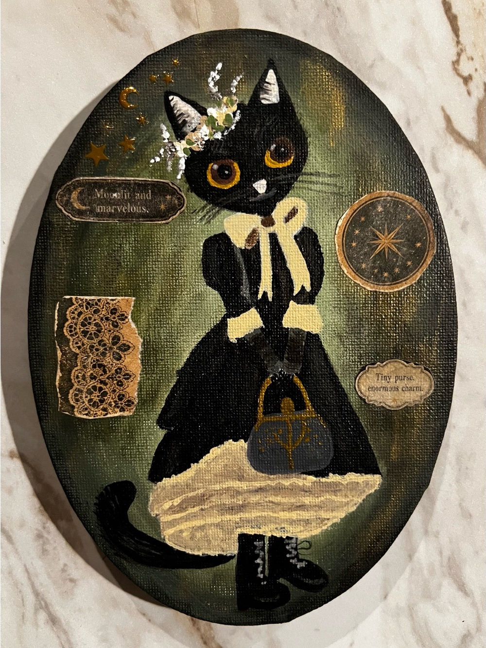 Moonlit & Marvelous – Original Whimsical Gothic Black Cat Mixed Media Art